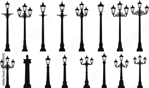 Vintage street lamp silhouettes collection for urban design, cityscape, and outdoor decoration