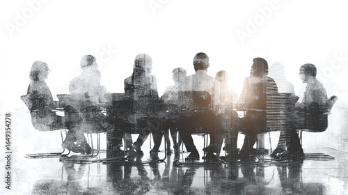 A group of business professionals gathered in a boardroom with glass walls, depicted in the style of double exposure photography against a white background