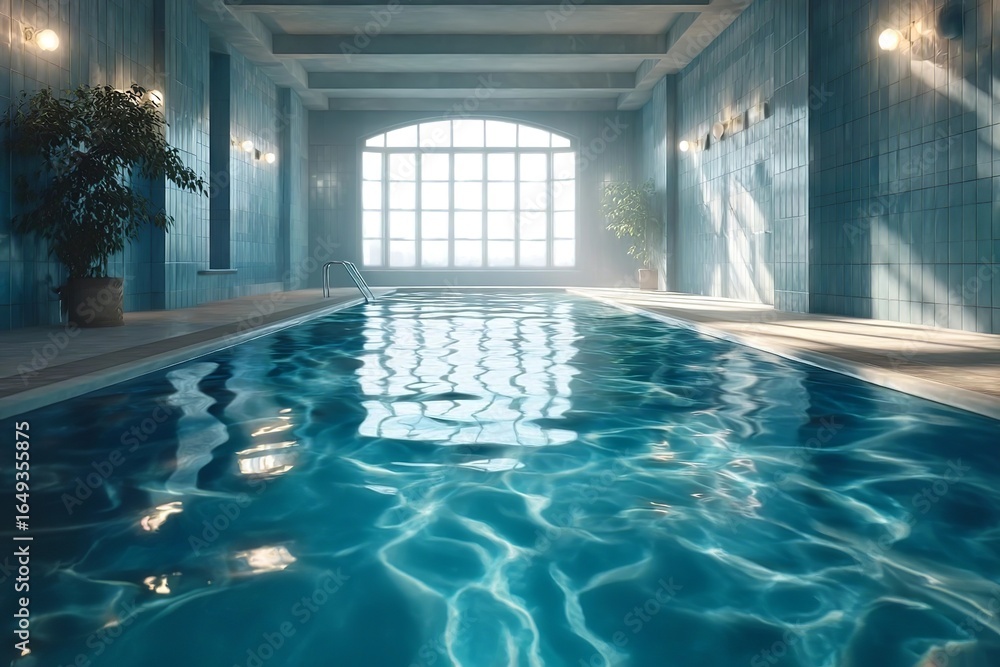Obraz premium Bright indoor pool with reflections and large window