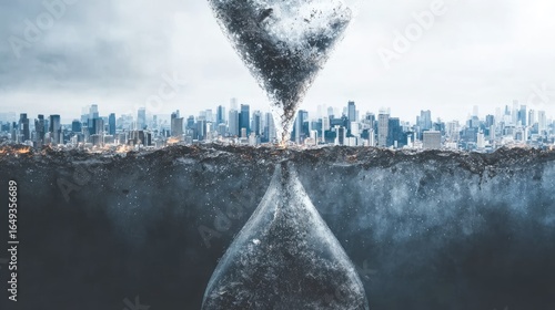 Fototapeta Naklejka Na Ścianę i Meble -  A giant hourglass with sand made of melting glaciers, inside the glass, miniature cities slowly being submerged as time runs out, symbolic climate countdown, surreal concept, dramatic lighting, high 