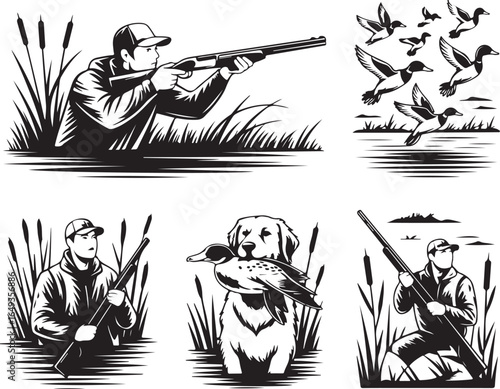 Duck hunters and dog with retrieved duck, outdoor scenes