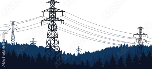 High voltage power lines in forest landscape, electricity transmission towers, energy infrastructure, environmental impact concept, scenic nature view, industrial vector design illustration