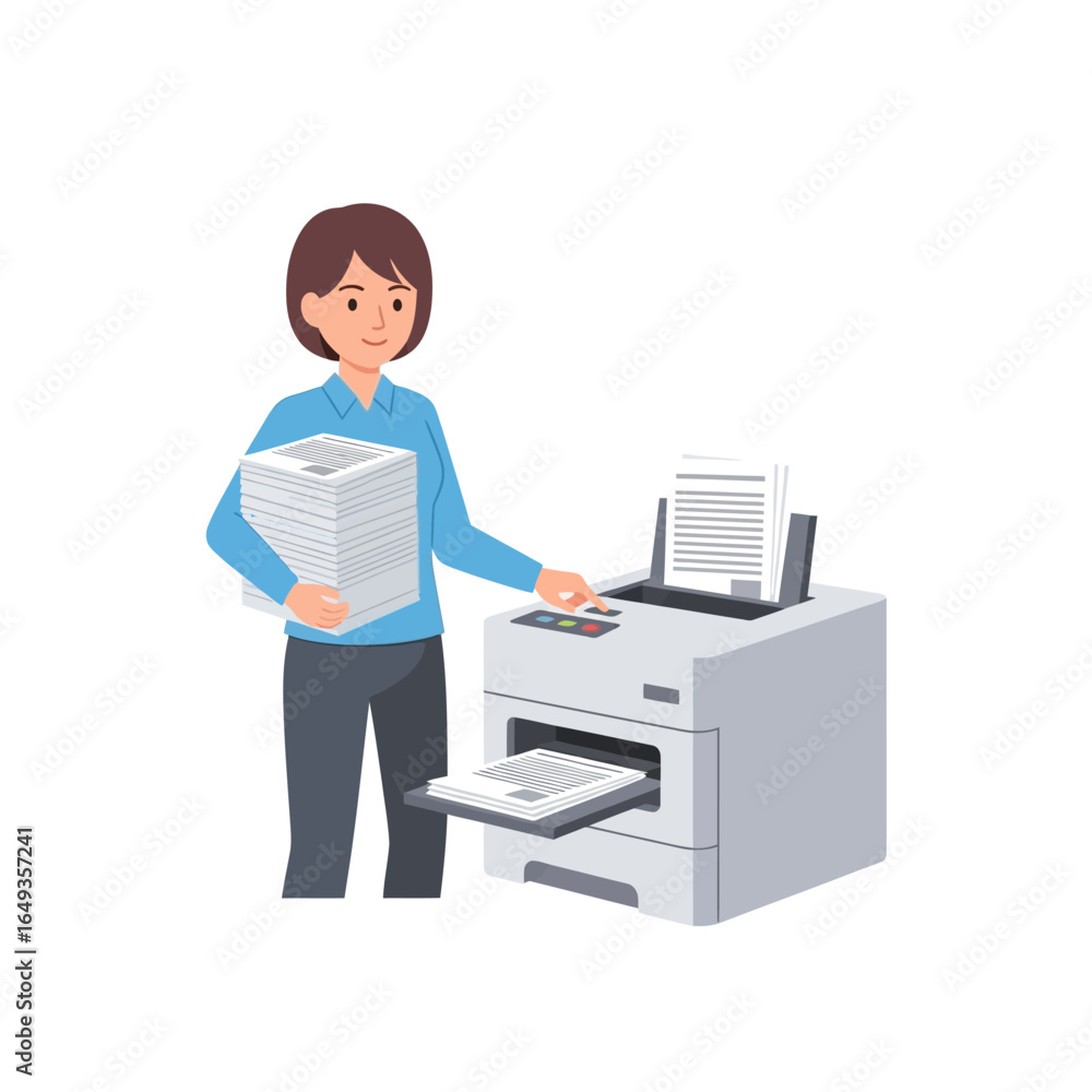 Obraz premium Smiling woman in blue shirt operating a grey office printer holding a stack of documents.