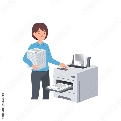 Smiling woman in blue shirt operating a grey office printer holding a stack of documents.