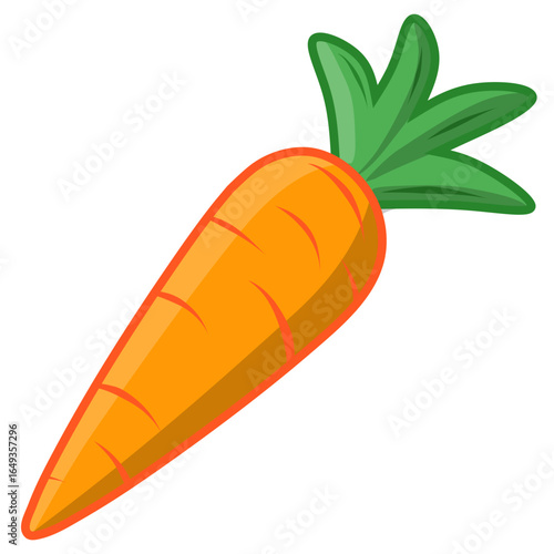 A vibrant, cartoon-style illustration of a single, ripe carrot with leafy green tops, isolated on a white background.