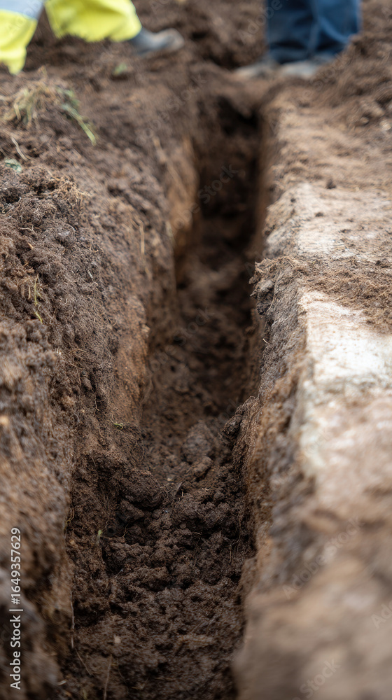 Trench being excavated in soil by workers wearing protective clothing Trench being excavated in soil by workers wearing protective clothing