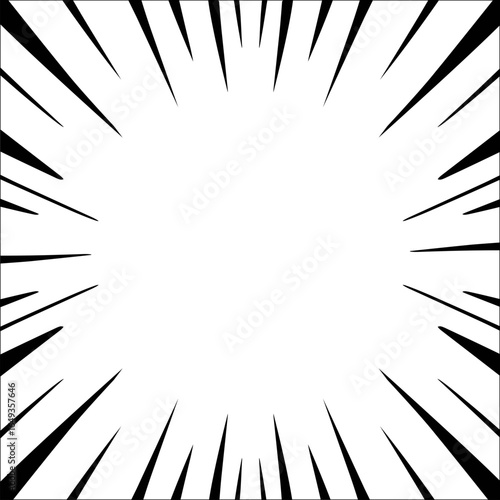 Abstract Japanese comic style background with black radial speed lines. Vector graphic for creating impact, explosion, or focus effect.