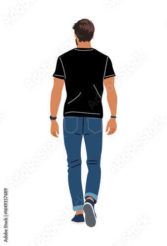 Stylish  man in black tshirt, jeans walking away full length back view. Casual male character rear view. Flat vector illustration Isolated on transparent background