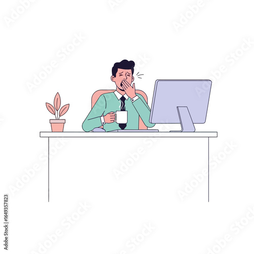 Tired office worker in a green shirt yawning at his desk holding a steaming coffee mug.