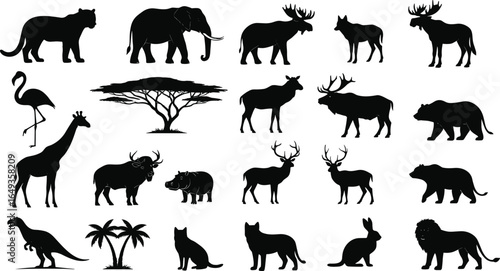 Wild animal silhouette vector set with forest, jungle, and safari animals