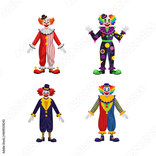 Four Colorful Clown Characters Posing in Different Outfits
