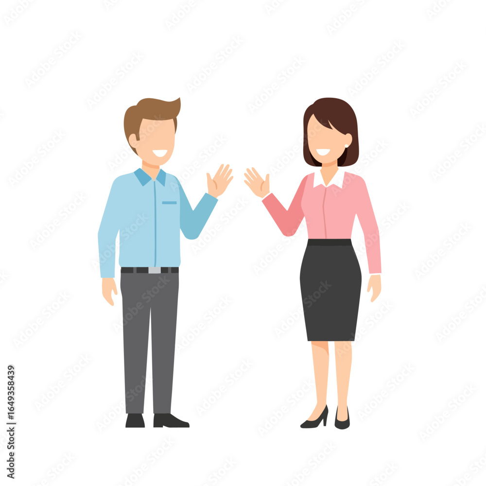 Friendly cartoon business man and woman in office attire waving and smiling at each other. Friendly cartoon business man and woman in office attire waving and smiling at each other.