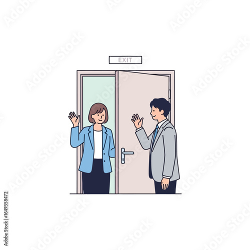 A man and woman in business suits waving goodbye to each other at an open exit door a simple line art illustration.