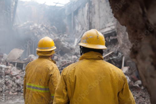 Firefighters in yellow gear inspect fire damage amidst rubble