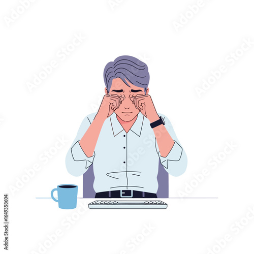 Tired businessman with purple hair rubbing his eyes from fatigue at his office desk.