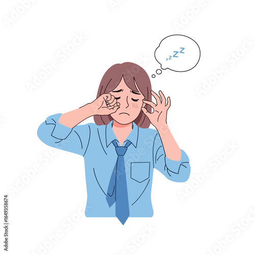 Tired Cartoon Person Rubbing Eyes Wearing Blue Shirt and Tie with zzz Thought Bubble.