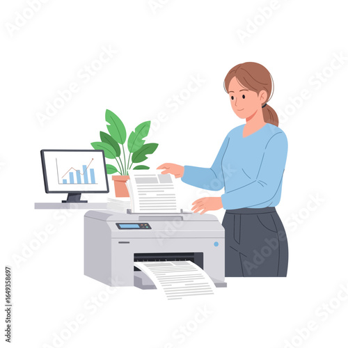Smiling office worker with a brown ponytail using a multifunction printer to copy documents.