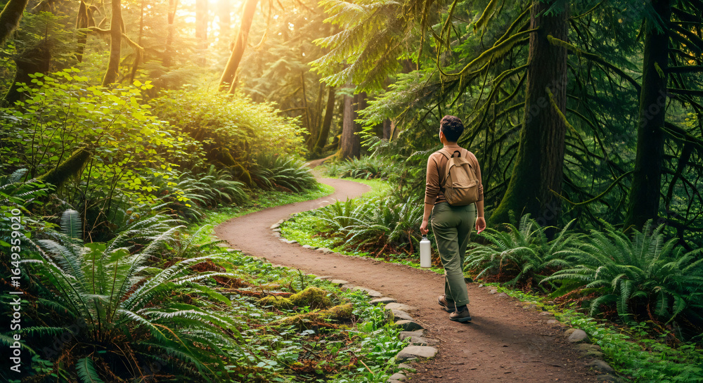 Fototapeta premium Serene Forest Path: Solo Hiker Amidst Lush Greenery
