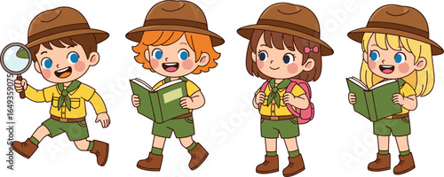 Cartoon scout children in uniforms reading books and exploring nature with magnifying glass, outdoor adventure, education, teamwork, happy illustration