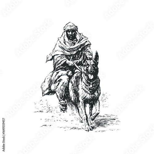 Man in Traditional Headwear Riding Horse Alongside German Shepherd Dog