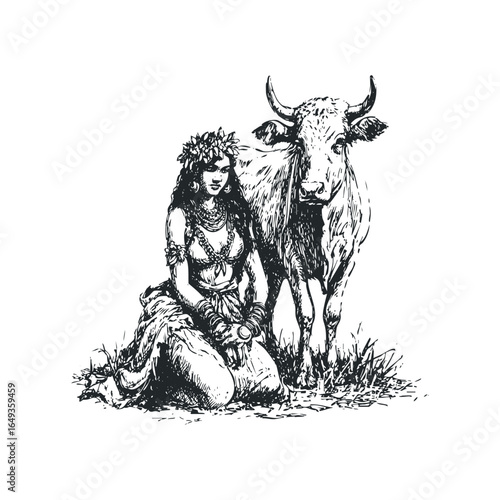 Woman wearing floral crown and necklaces with bull in grassy field