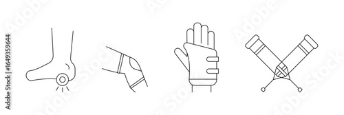 Heel pain, elbow brace, wrist support, walking crutches icon vector illustration set for orthopedic aid and injury recovery concept.