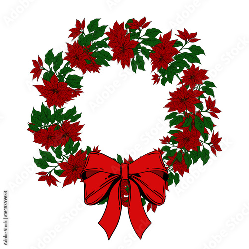 Beautiful red poinsettia flower, traditional Christmas plant symbol of the holiday season. Festive winter illustration greeting cards, invitations, decorations, posters, clipart