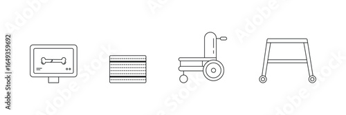 Bone fracture, medical bandage, wheelchair, mobility walker icon vector illustration set in outline healthcare equipment concept style.