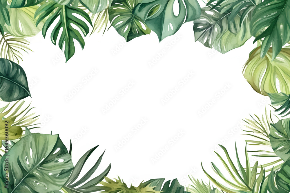 Naklejka premium Vibrant watercolor tropical leaf border with white space