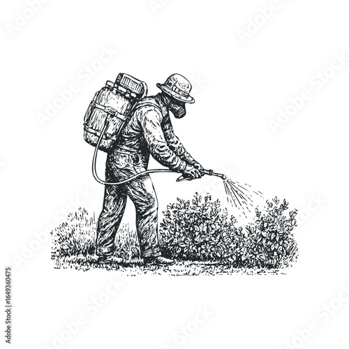 Gardener spraying bushes with a backpack sprayer wearing protective mask and hat