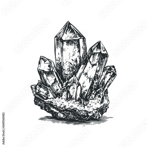 Detailed ink sketch of a quartz crystal cluster with rough rock base