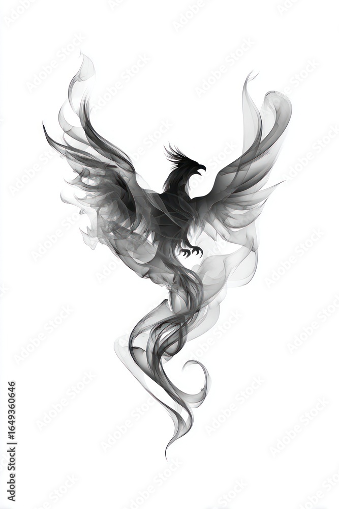 Obraz premium Smoked ink-style phoenix rising with ethereal smoke-like plumes against a white backdrop