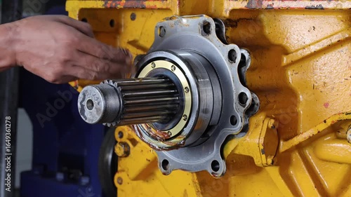 Mechanic hand applying Grease to bearing transmission. Assembly allison automatic transmission.