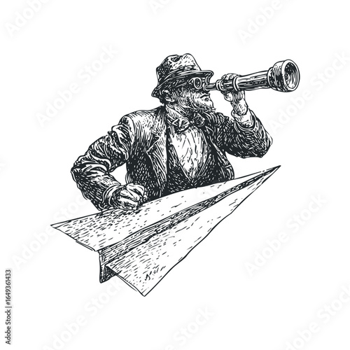Man in fedora and suit peers through telescope while riding a paper airplane