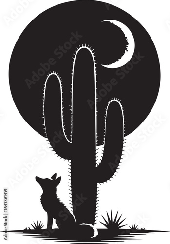 Lone coyote beneath moonlit saguaro cactus silhouette