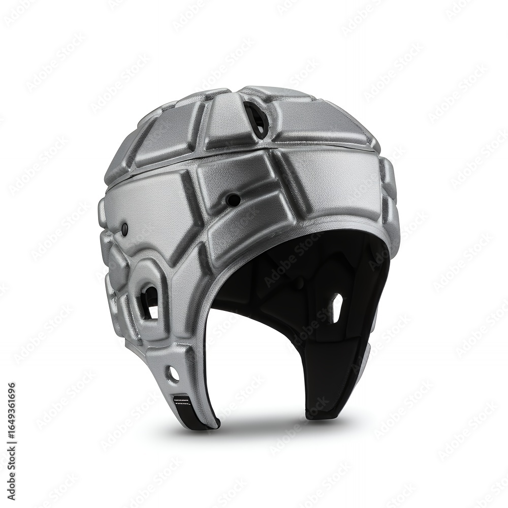Fototapeta premium Silver metallic rugby protective headgear front view displaying geometric padding panels and ear protection cutouts for contact sports