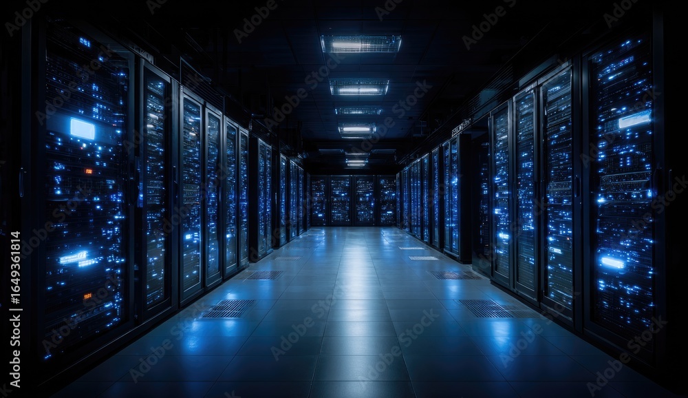 Obraz premium Dark server room lit by blue light