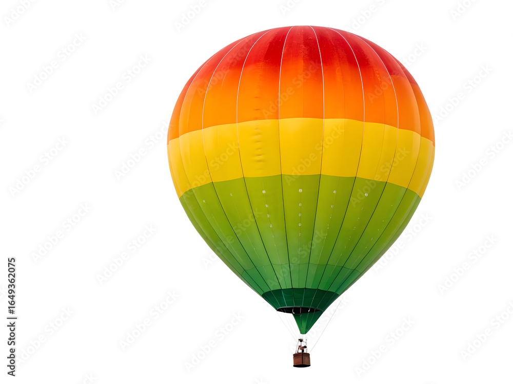 Fototapeta premium A colorful hot air balloon with a green stripe and a yellow stripe. The balloon is floating in the air and is the center of attention