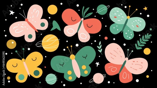 Minimal concept of Flat vector: butterfly pastel tags, coupon wings fluttering, soft gradients, rounded corners, airy composition, springlike brightness against Black Friday text, generous negative