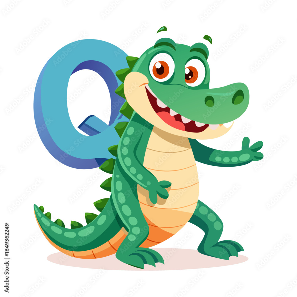 Fototapeta premium Playful Alligator Character with Large Alphabet Q, Fun Educational Illustration for Kids, Children’s Book, Learning, Alphabet Design Vector