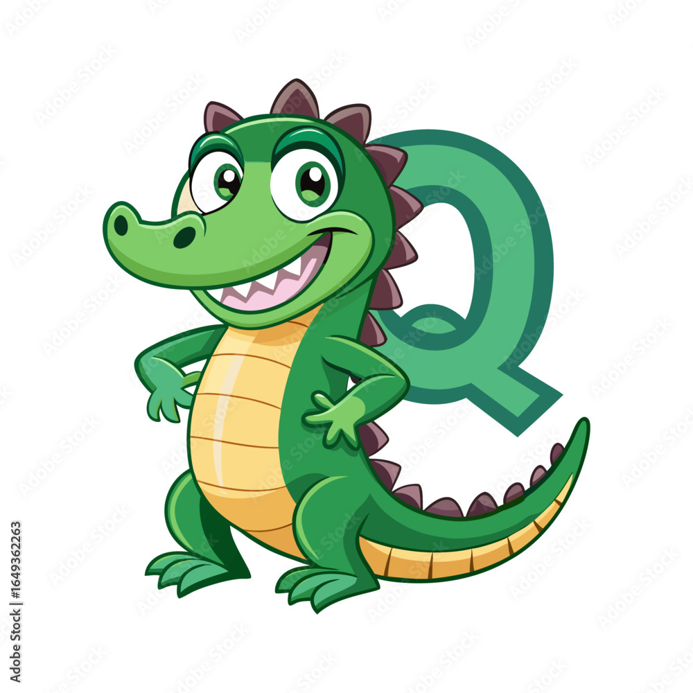 Fototapeta premium Playful Alligator Character with Large Alphabet Q, Fun Educational Illustration for Kids, Children’s Book, Learning, Alphabet Design Vector