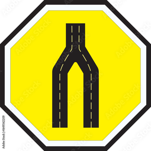 Yellow Color Road Narrows On Both Sides Ahead Traffic Sign Vector Design