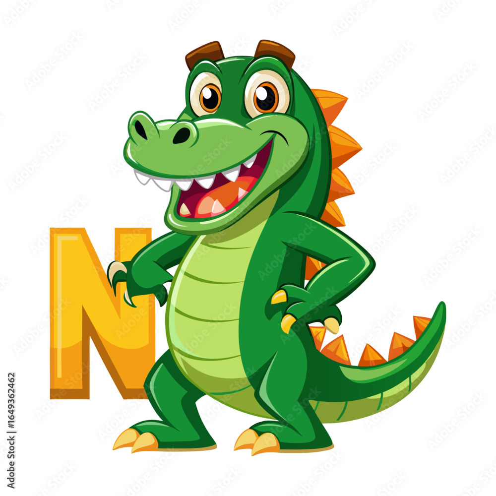 Fototapeta premium Playful Alligator Character Holding Big Alphabet N, Fun Learning Illustration for Kids, Educational Children’s Book Vector Design