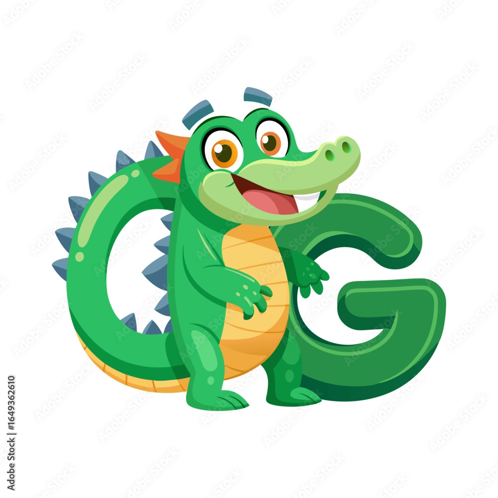 Naklejka premium Playful Alligator Character with Big Alphabet G, Cute Children Book Illustration, Fun Cartoon Animal, Learning ABC, Educational Vector Art