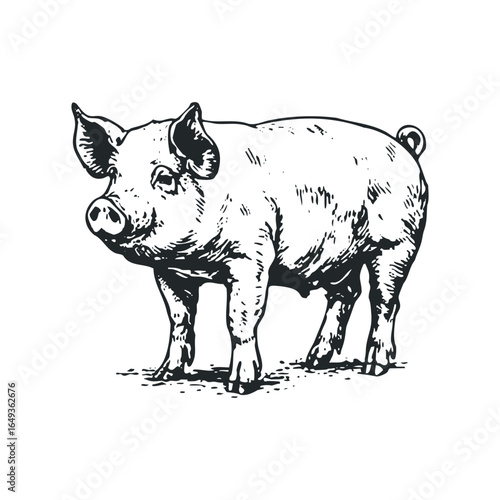 Ink Drawing of a Young Pig Standing Still Outdoors