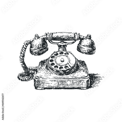 Vintage rotary telephone with coiled cord and earpiece on white background