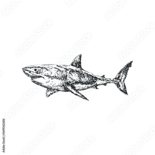 Detailed sketch of a powerful shark swimming underwater