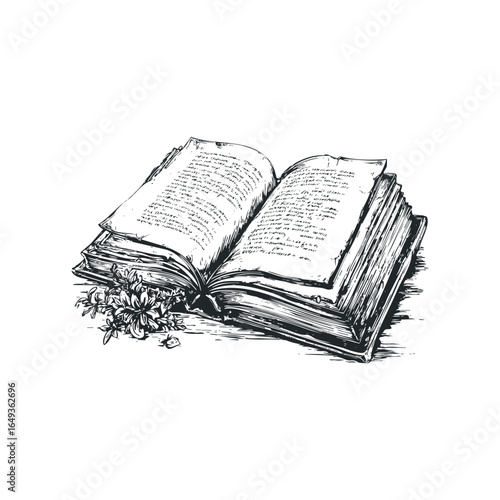 Vintage open book with handwritten text and delicate flowers