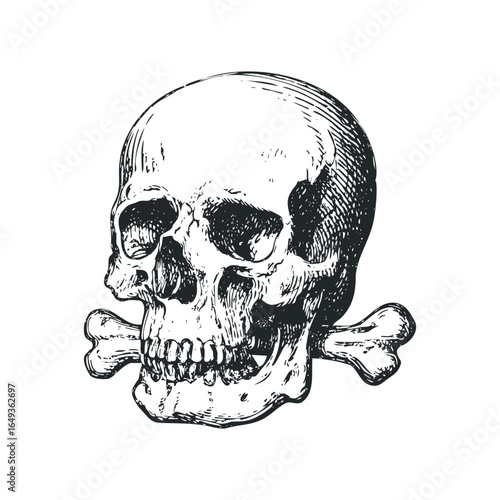 Engraved Skull with Bone Across Mouth