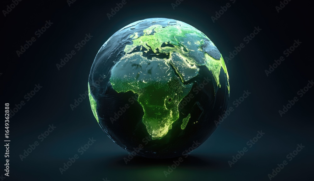 Fototapeta premium Illuminated Earth globe, showing continents in varying shades of green and dark